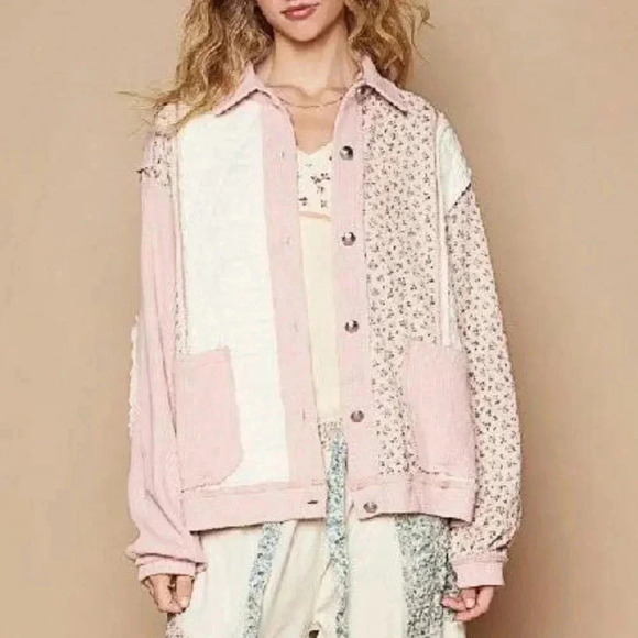 Jackets & Blazers - Pink Multi Casual Women's Floral Exposed Seam Button Up Quilted Jacket